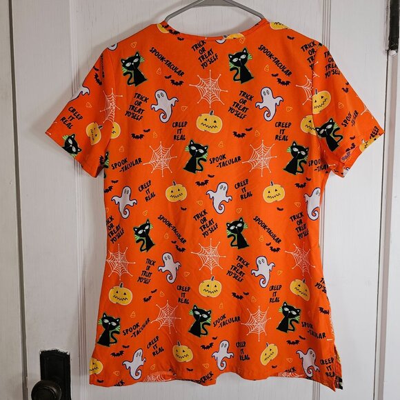 Scrubstar Womans Size Small Halloween Scrubs Top Pockets Cat Pumpkin Ghost Web - Picture 2 of 7